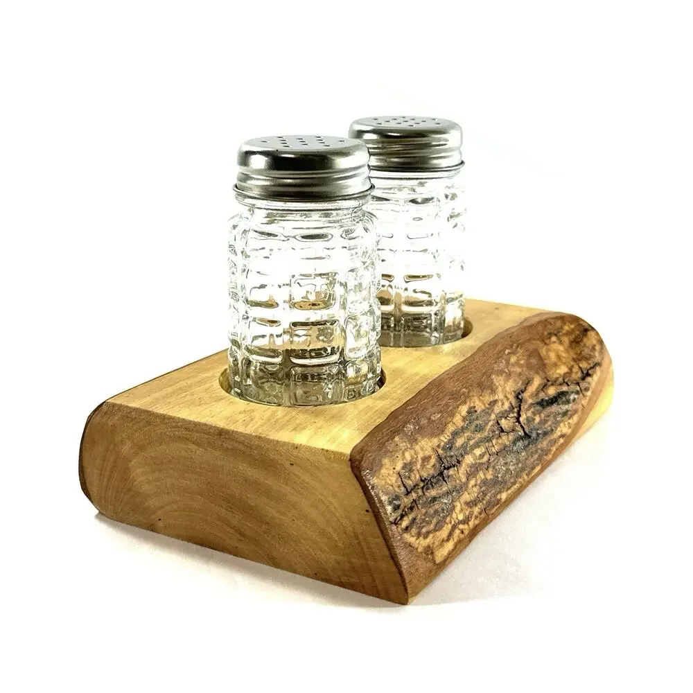 Rustic Wood Salt & Pepper Shaker Holder Set Live Edge Bark Glass Shakers Handmad